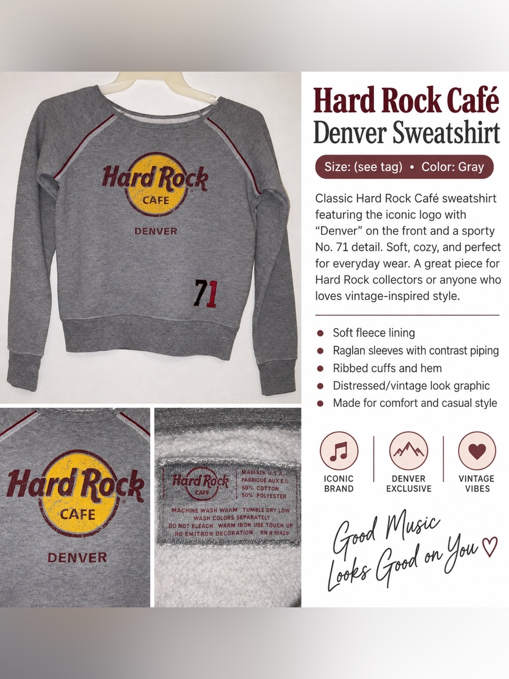 Hard Rock Cafe Gray Denver Crewneck with Yellow Logo and Maroon Accents